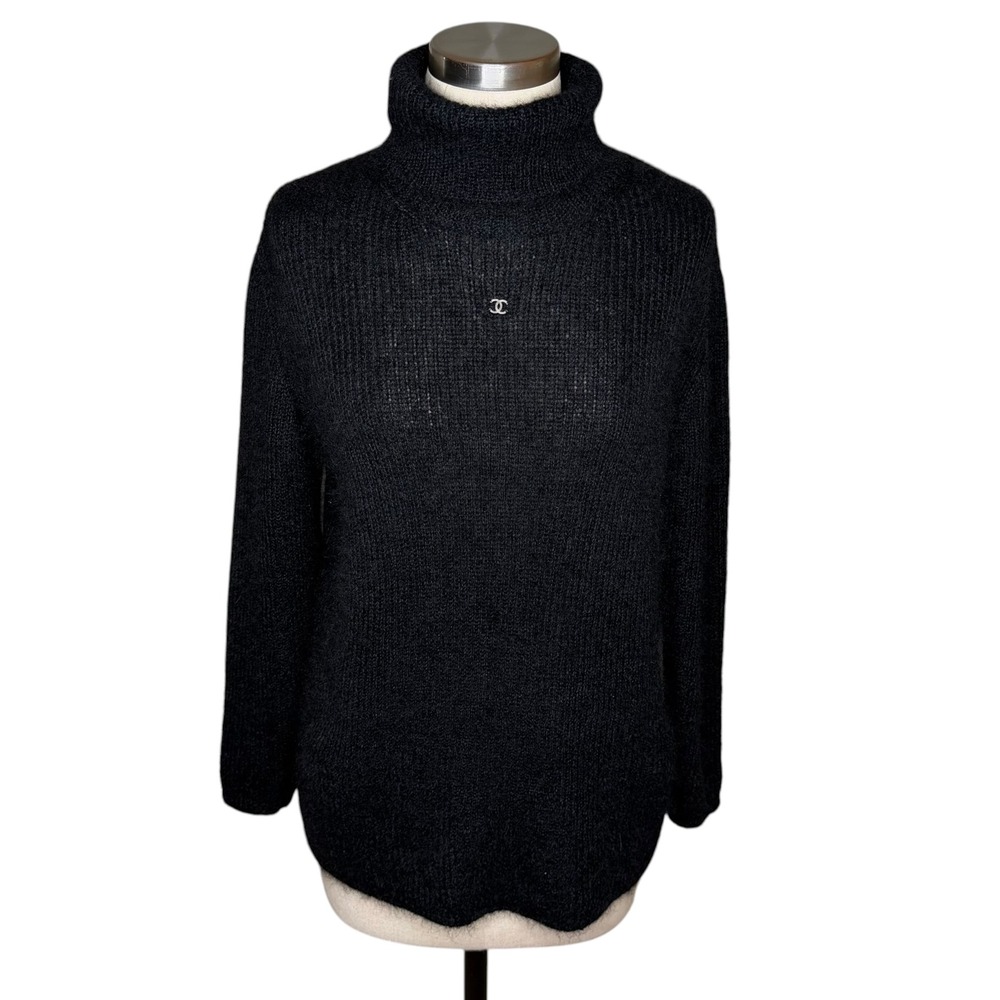 CHANEL Turtleneck Sweater Black Mohair Ribbed Knit Women's 38 Vintage 90s Cozy